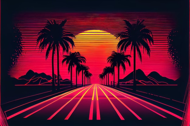 Illustrazione del tema tropicale al neon con la palma retrò 80 e l'ai floreale esotico