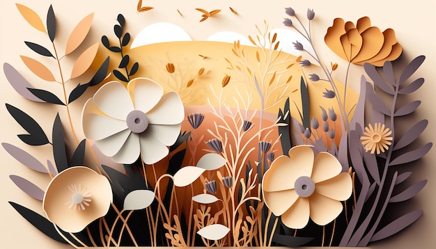 Illustrazione del tema Wildflowers su carta tagliata IA generativa