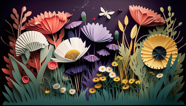 Illustrazione del tema Wildflowers su carta tagliata IA generativa