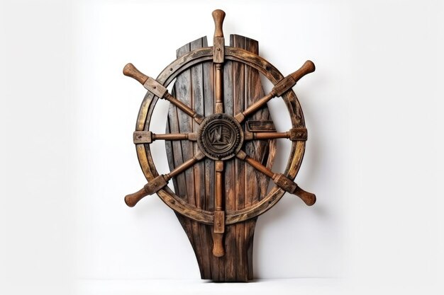 Illustrazione del timone in legno della nave pirata sfondo bianco IA generativa