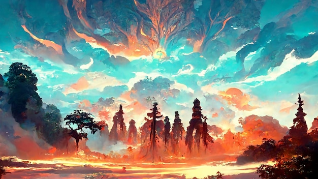 Illustrazione del tramonto 3D dell'albero di stile Maya della foresta