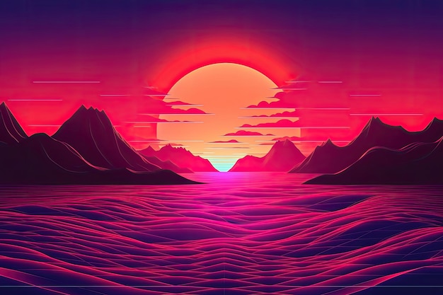 Illustrazione del tramonto sul mare e sulle montagne Synthwave tramonto paesaggio 80s retro synthwave colore AI generato