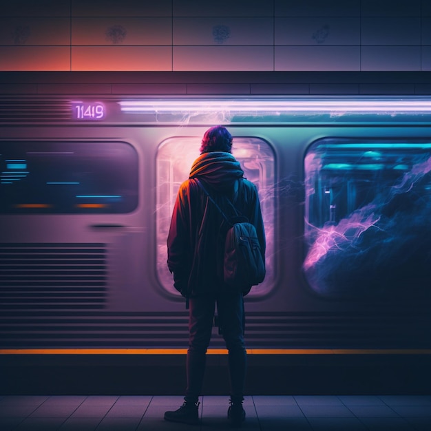 illustrazione del treno uomo in attesa alla fermata del treno luci al neon della metropolitana