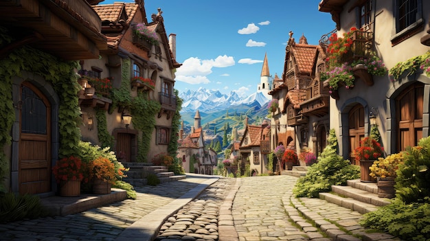 illustrazione del villaggio dei cartoni animati da favola