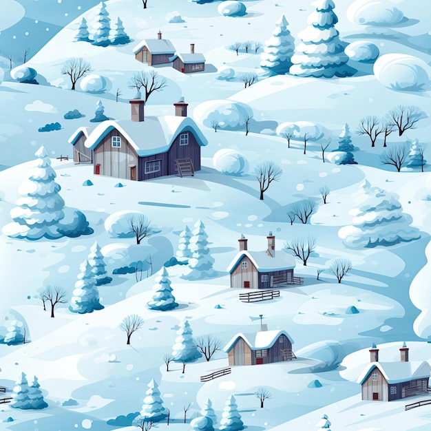 Illustrazione del villaggio invernale con case e alberi in un motivo senza cuciture piastrellato