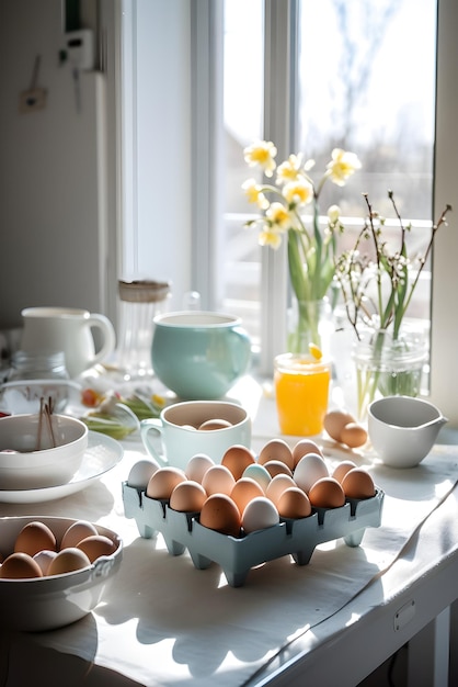 Illustrazione dell'accogliente colazione della domenica di Pasqua vicino alla finestra Mattina di Pasqua con cibo uova e fiori IA generativa