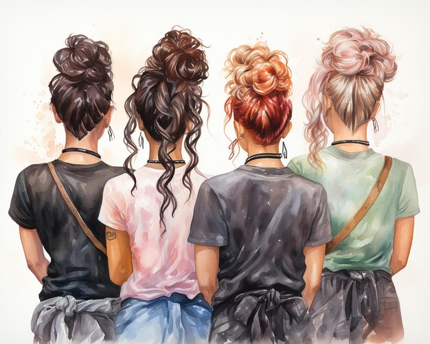 Illustrazione dell'acquerello acconciature moderne delle donne giovani alla moda donne astratte ritratto parrucchiere banner segno AI generato