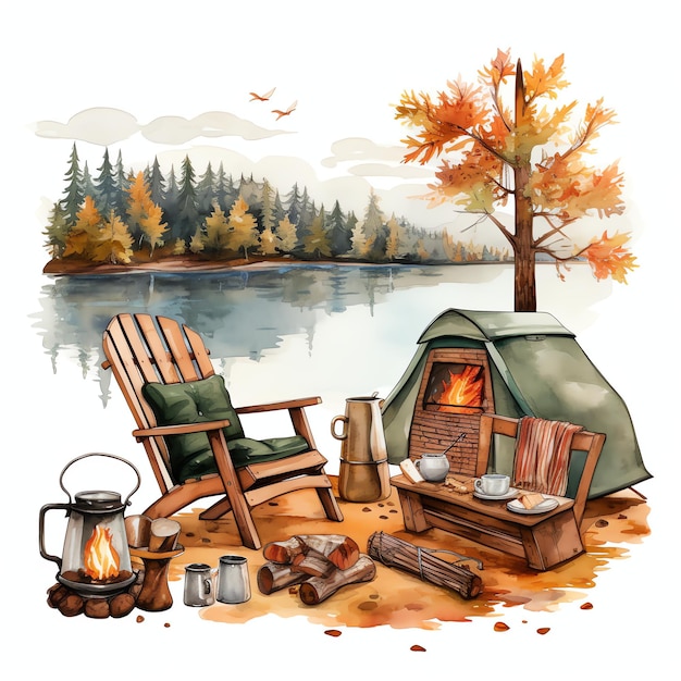 Illustrazione dell'acquerello autunno autunno relax in riva al lago