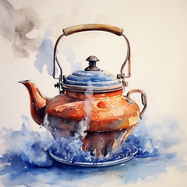 illustrazione dell'acquerello bollente del bollitore per il tè