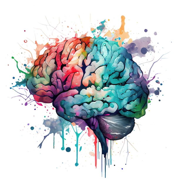 Illustrazione dell'acquerello cervello colorato due emisferi sullo sfondo di punti luminosi