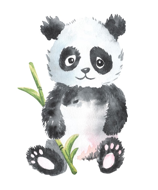 Illustrazione dell'acquerello con panda carino e bastoncino di foglie di bambù