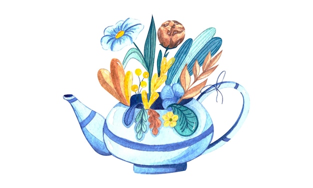 Illustrazione dell'acquerello con una teiera blu e fiori estivi elementi isolati