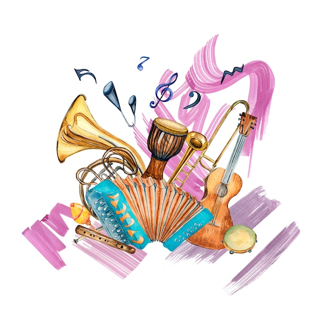 Illustrazione dell'acquerello degli strumenti musicali jazz e sfondo del tratto di vernice isolato
