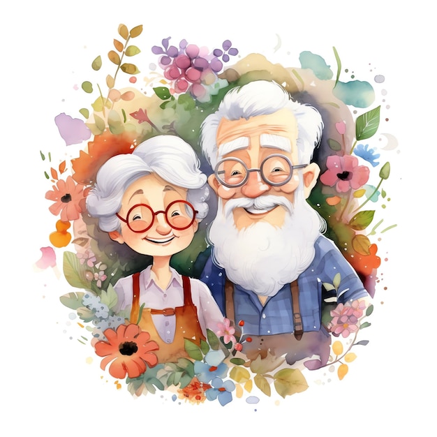 Illustrazione dell'acquerello dei nonni con i fiori
