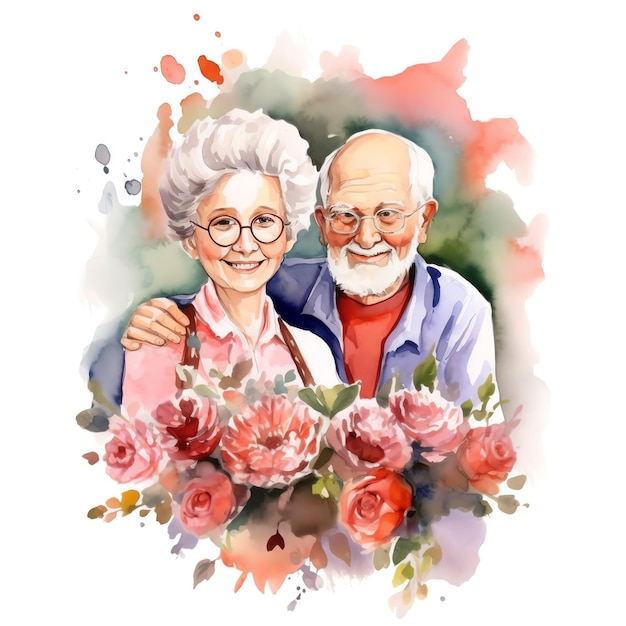 Illustrazione dell'acquerello dei nonni con i fiori