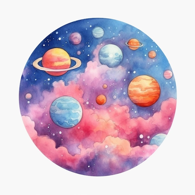 Illustrazione dell'acquerello dei pianeti in un cerchio con nuvole rosa e stelle.