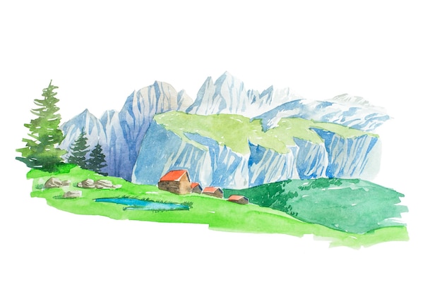 Illustrazione dell'acquerello del bellissimo paesaggio di montagna di estate naturale