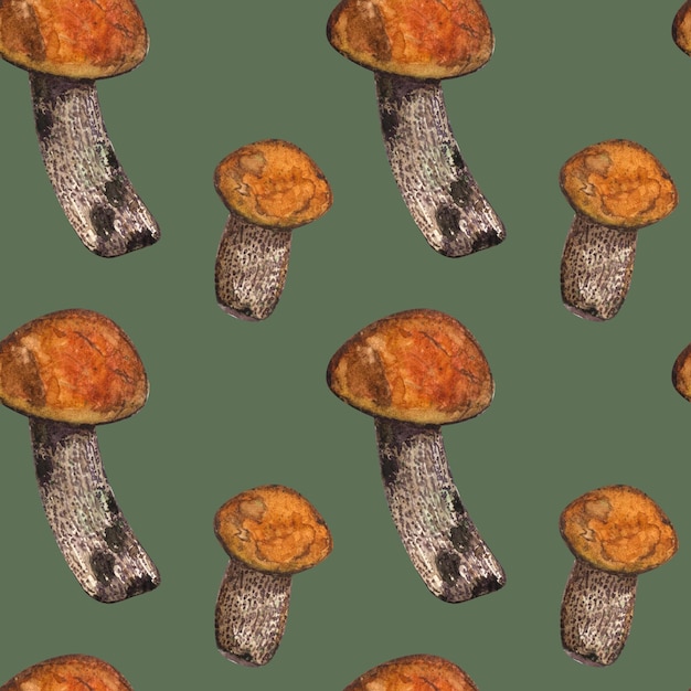 Illustrazione dell'acquerello del boletus del fungo porcino commestibile del modello senza cuciture su fondo verde scuro