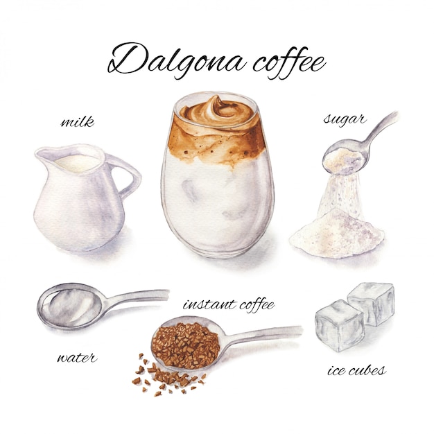 Illustrazione dell'acquerello del caffè e degli ingredienti della dalgona