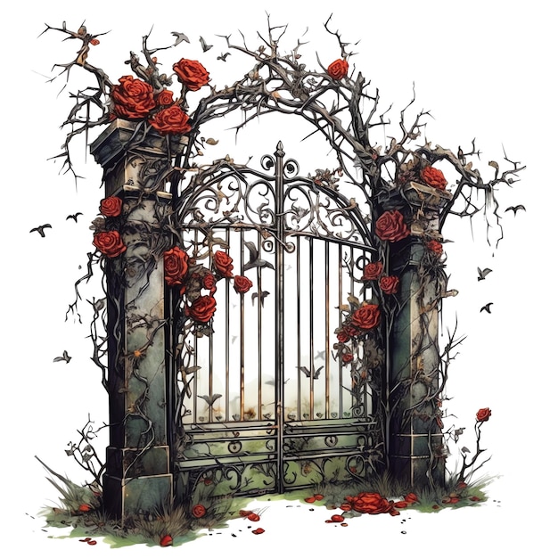 Illustrazione dell'acquerello del cancello raccapricciante gotico