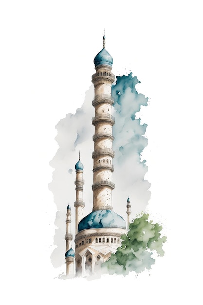 Illustrazione dell'acquerello del minareto ottomano islamico su sfondo bianco