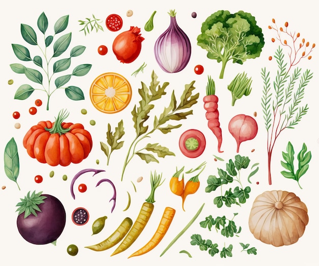 Illustrazione dell'acquerello del modello di verdure Cibo dal giardino su sfondo bianco