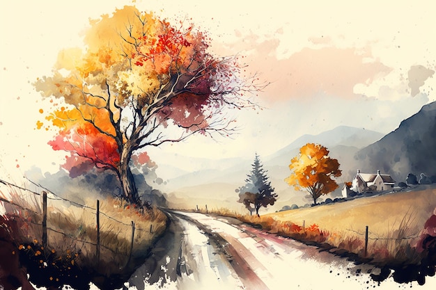 Illustrazione dell'acquerello del paesaggio autunnale rurale Strada albero giallo montagne Generativo AI