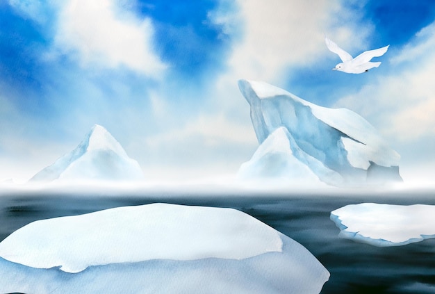 Illustrazione dell'acquerello del paesaggio del mare del Nord e del mondo subacqueo cielo blu gabbiano iceberg