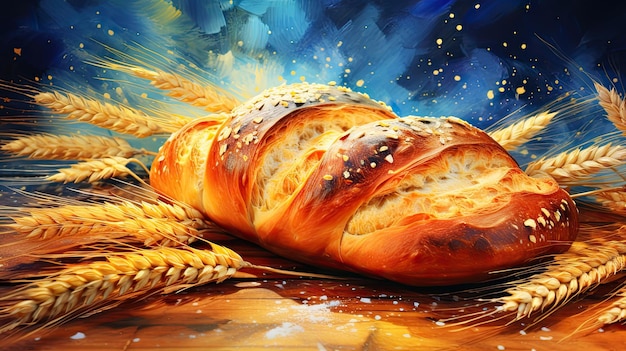 Illustrazione dell'acquerello del pane sullo sfondo delle spighette di grano nei colori gialli e blu