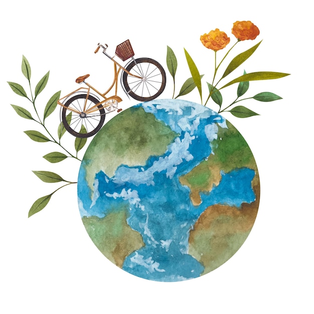 Illustrazione dell'acquerello del pianeta terra con piante e una bicicletta intorno isolato su priorità bassa bianca Clipart sul tema della Giornata della Terra e la protezione della natura e dell'ecologia
