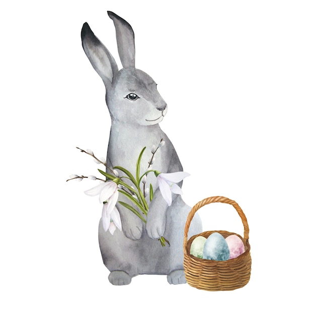 Illustrazione dell'acquerello del simpatico coniglio di pasqua con bouquet e uova colorate in cesto
