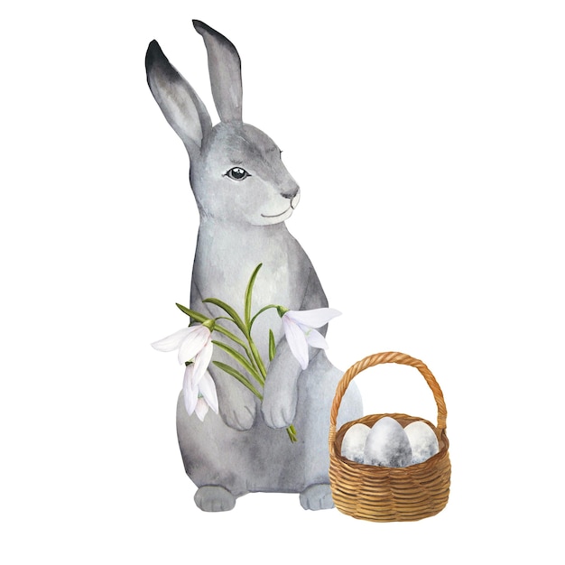 Illustrazione dell'acquerello del simpatico coniglio di pasqua con bouquet e uova nel cesto