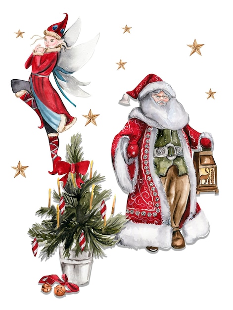 Illustrazione dell'acquerello dell'albero di Natale e dell'elfo di Babbo Natale