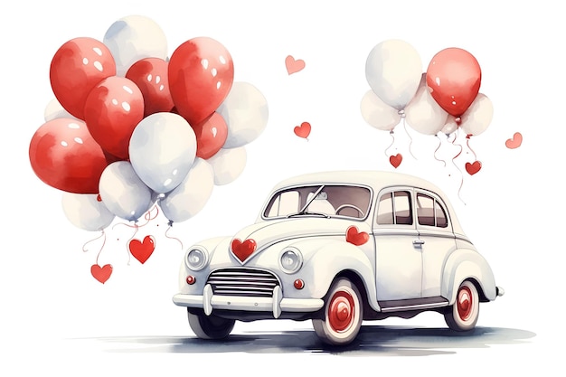 Illustrazione dell'acquerello dell'automobile di San Valentino con palloncini rossi e bianchi