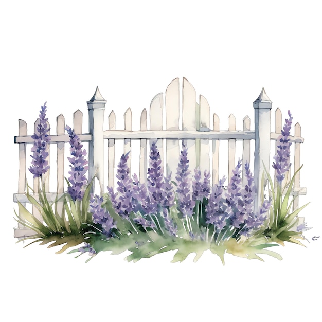 Illustrazione dell'acquerello dell'illustrazione dell'acquerello della recinzione del giardino della lavanda clipart della lavanda