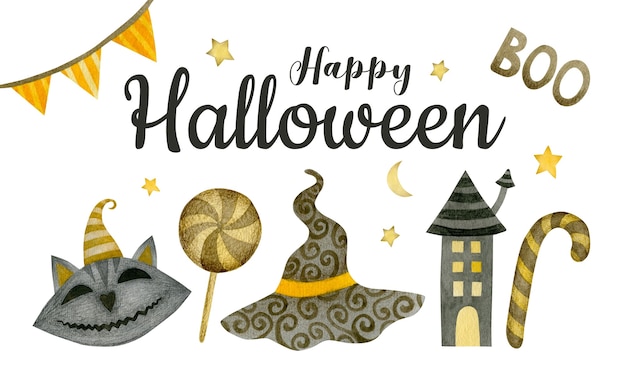 Illustrazione dell'acquerello dell'insegna del fondo della cartolina d'auguri di festa di halloween felice halloween