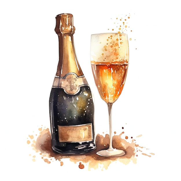 Illustrazione dell'acquerello della bottiglia di champagne che scoppia AI GenerativexA