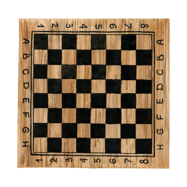 Illustrazione dell'acquerello della scacchiera in legno Scrivania marrone e nera disegnata a mano