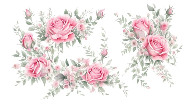 Illustrazione dell'acquerello delle rose rosa Blush e bouquet floreale di menta isolato su sfondo bianco