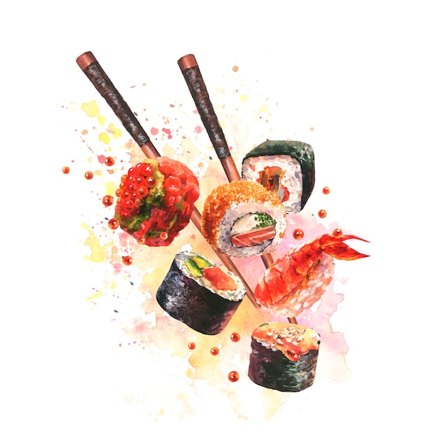 Illustrazione dell'acquerello di deliziosi sushi e panini con le bacchette in movimento sul backgrou bianco