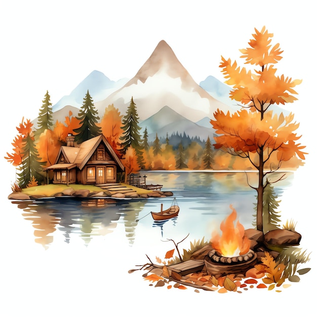 Illustrazione dell'acquerello di Lakeside Retreat Autumn Fall