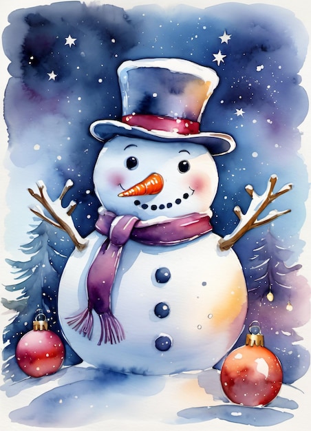 Illustrazione dell'acquerello di Natale inverno con sfondo cartolina d'auguri felice pupazzo di neve