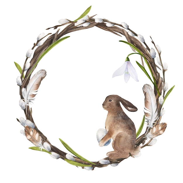 Illustrazione dell'acquerello di pasqua di una corona con coniglio pussywillow con foglie di bucaneve uovo e piume isolate