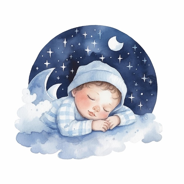 Illustrazione dell'acquerello di un bambino che dorme su una nuvola con la luna e le stelle.