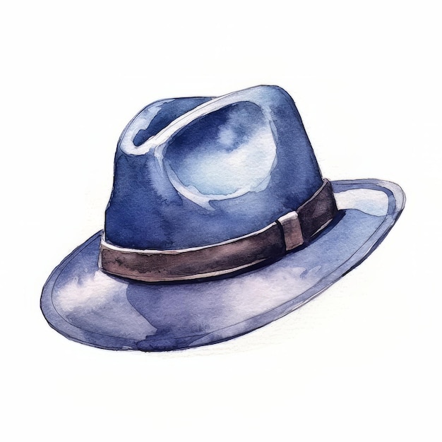 Illustrazione dell'acquerello di un cappello blu con una cintura su sfondo bianco