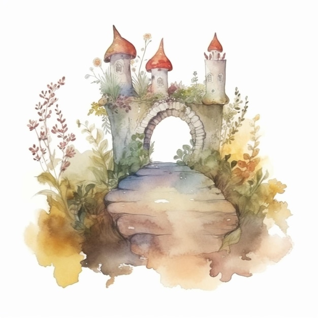 Illustrazione dell'acquerello di un castello con un ponte e piante.