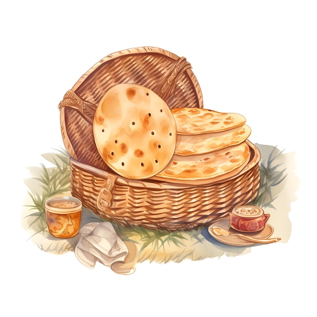 Illustrazione dell'acquerello di un cesto di pane e di alcuni altri tipi di pane