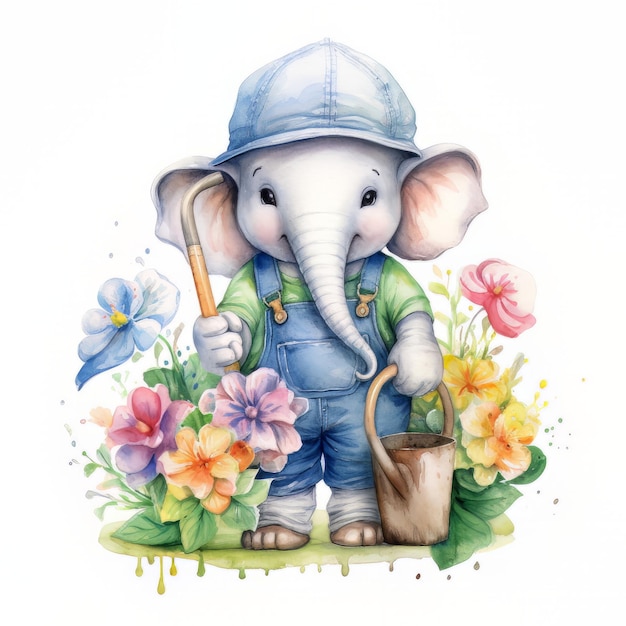 Illustrazione dell'acquerello di un giardiniere elefante con fiori e annaffiatoio