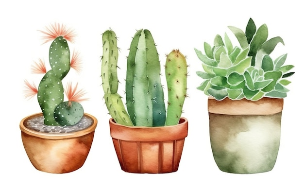 Illustrazione dell'acquerello di un insieme di piante con cactus.