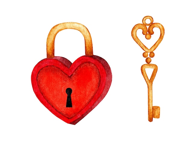 Illustrazione dell'acquerello di un lucchetto a forma di cuore rosso e una chiave d'oro